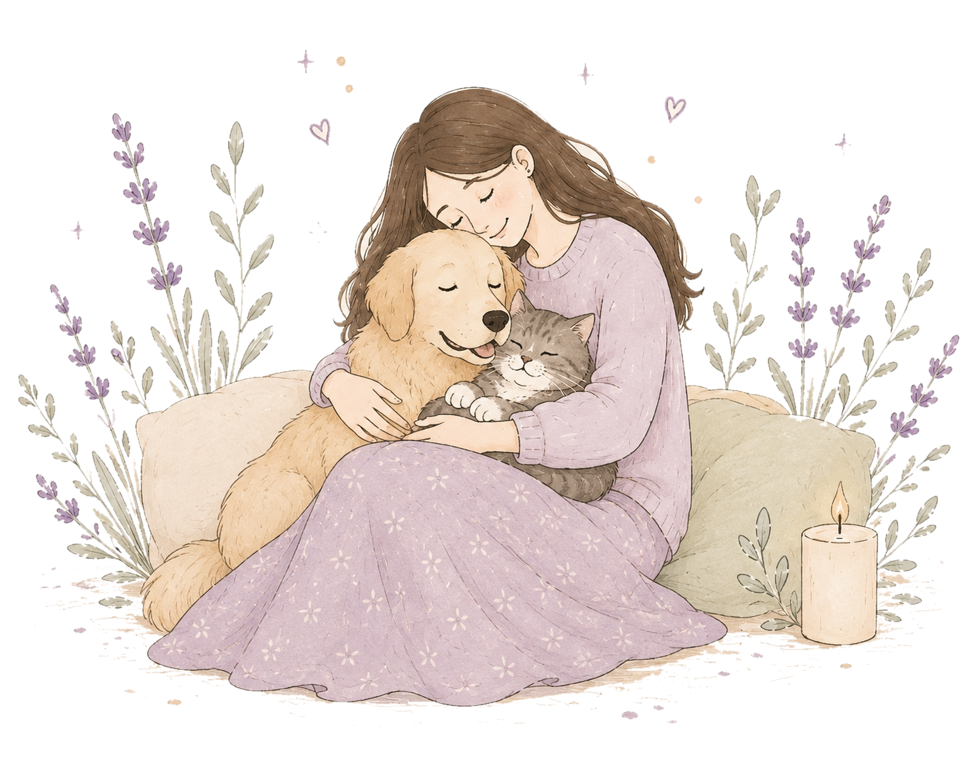 A woman gently cuddling her dog and cat in a soft hand-drawn illustration